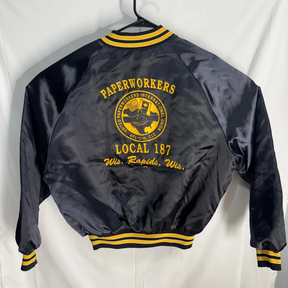 King‎ Louie Pro Fit Bomber Jacket Men L Black Paperworkers Union Satin Vintage